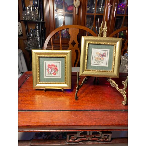 VTG 95 Set of 2 Mini Framed Art Prints Kathy Seek Butterflies on flowers 4 inch - Picture 1 of 16